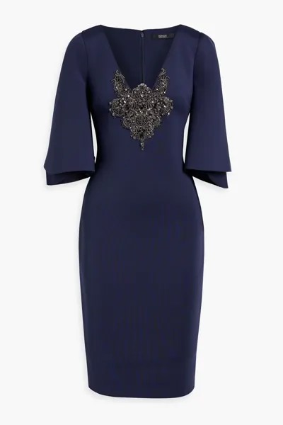 Платье с аквалангом, украшенное кристаллами Badgley Mischka, темно-синий