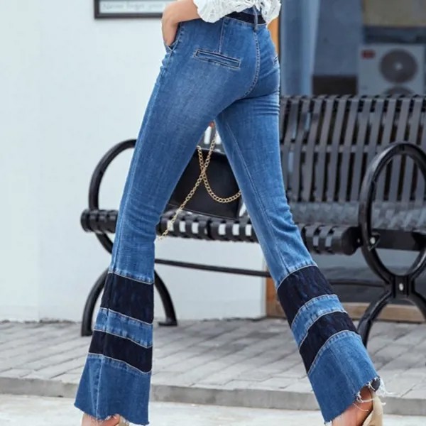 Весенние новые кружевные лоскутные расклешенные джинсы, женская уличная одежда, брюки с высокой талией и широким дном, элегантные офисные ж...