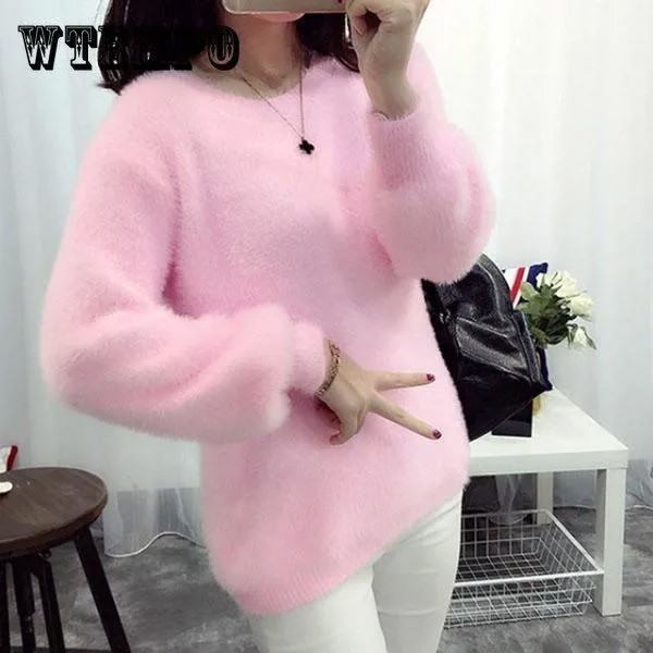 Осень и зима Круглая шея Короткая Top Loose Pullover Твердый цвет Длинноволосый свитер Толстый Мохер Нижняя рубашка