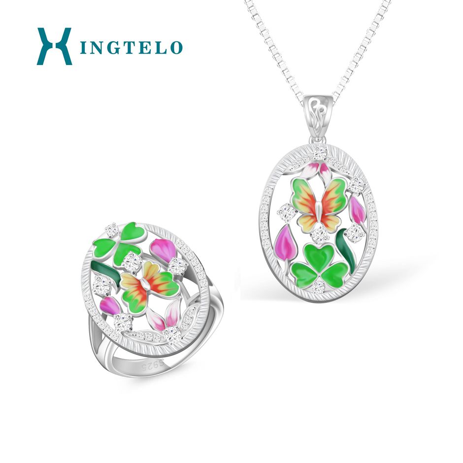 Женское серебряное кольцо XINGTELO, кулон и цепочка из стерлингового серебра 925 пробы, ювелирный набор, эмалированный цветок, милые ювелирные из...