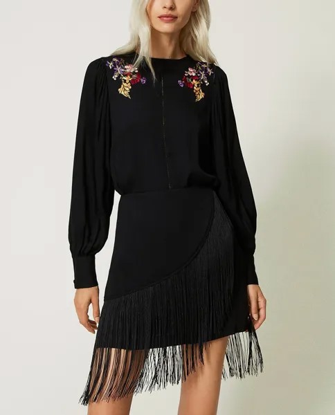 Женская блузка с разноцветной цветочной вышивкой Twinset, черный