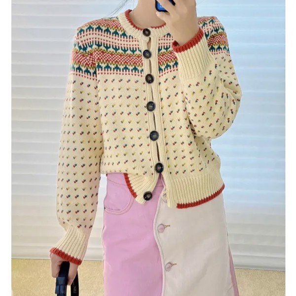 Осень 2022, хлопковый кардиган абрикосового цвета, вязаный крючком свитер с круглым вырезом, женский свитер
