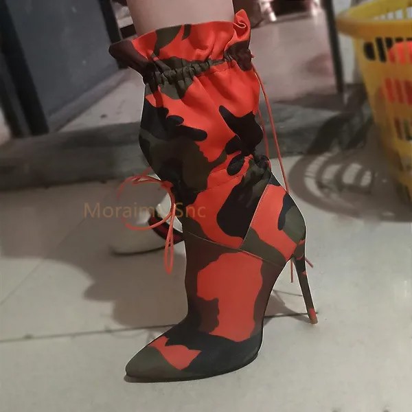 Женские ботинки на шпильке, камуфляжные ботинки до середины икры с резинкой и острым носком, на тонком высоком каблуке, в римском стиле, весн...