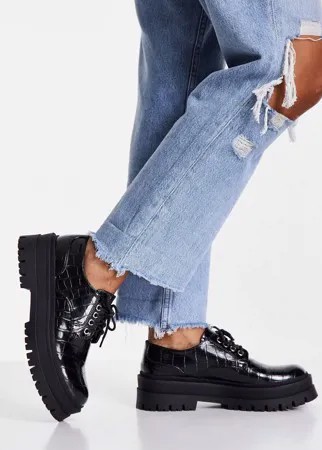 Черные лакированные туфли на шнуровке с крокодиловым принтом Miss Selfridge Lucia-Черный цвет