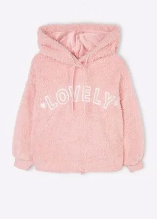 Розовое плюшевое худи oversize с вышивкой для девочки Gloria Jeans