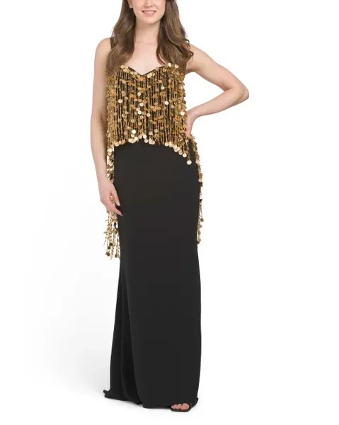 Платье-колонна с бахромой из бисера Badgley Mischka, черный/золотой