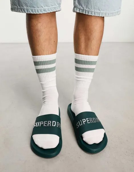 Зеленые веганские шлепанцы для бассейна с логотипом Superdry code