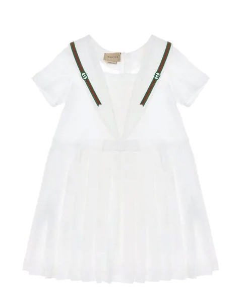 Белое платье с отделкой в полоску GUCCI