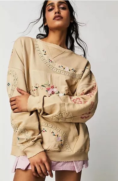 Толстовка Free People Grams Attic с цветочной вышивкой, вязанная крючком, кружевная, коричневая S, НОВИНКА