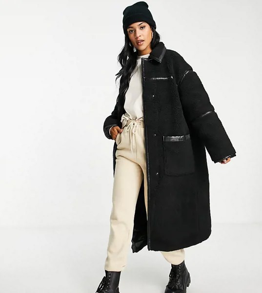 Черное пальто макси из искусственного меха с окантовкой из лакированной искусственной кожи ASOS DESIGN Tall-Черный цвет