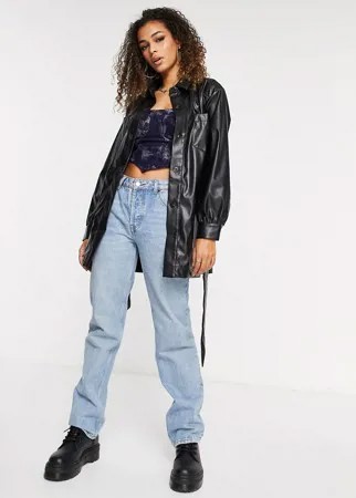 Черная куртка-рубашка из искусственной кожи с поясом на талии ASOS DESIGN-Черный цвет