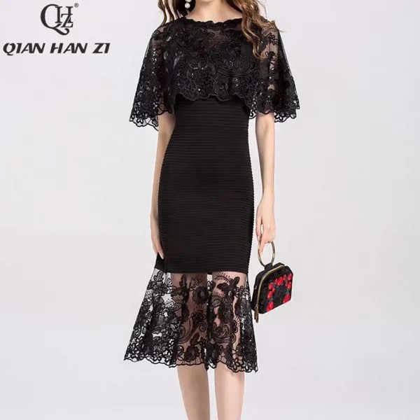 Цянь Хан Zi 2020 модное летнее платье для женщин плащ с длинными рукавами в стиле ретро платье-футляр с пайетками платье с вышивкой с оборками облегающее вечерние платье миди