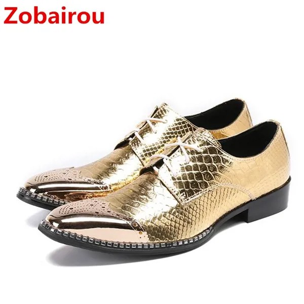 Мужские классические туфли Zobairou, золотистые Туфли-оксфорды из натуральной кожи, на плоской подошве, с квадратным носком, на шнуровке, деловы...