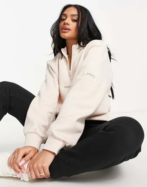 Кремовый свитшот с нашивкой на рукаве и молнией 1/4 adidas Originals-Белый