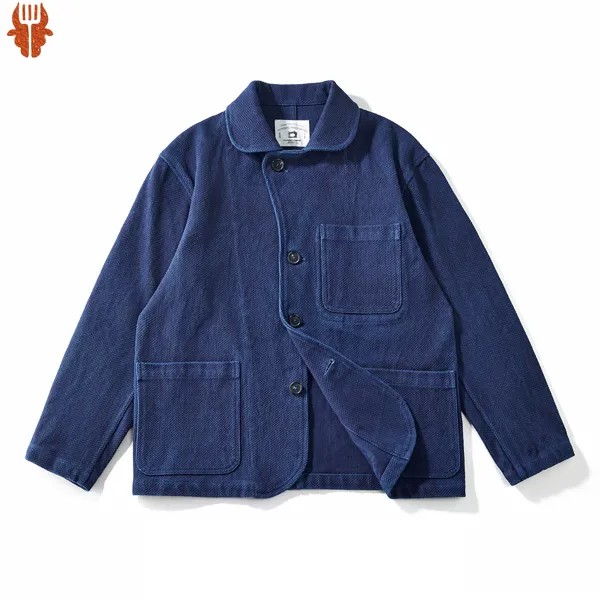 Толстая мужская куртка цвета индиго, Осень-зима, винтажная рабочая одежда, куртка для инструментов, синяя окрашенная ткань Кендо, пальто с несколькими карманами