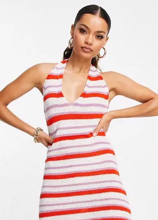 Трикотажное платье мини с завязкой на шее и принтом в разноцветную полоску ASOS DESIGN Petite-Multi