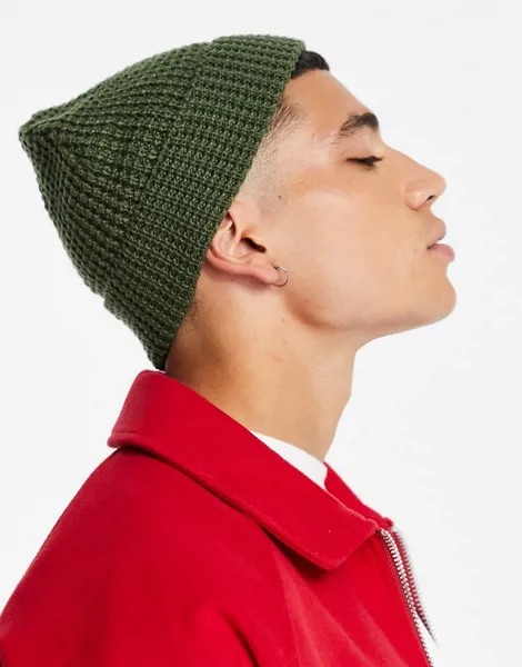 Вязаная шапка-бини с вафельным узором цвета хаки ASOS DESIGN-Зеленый цвет