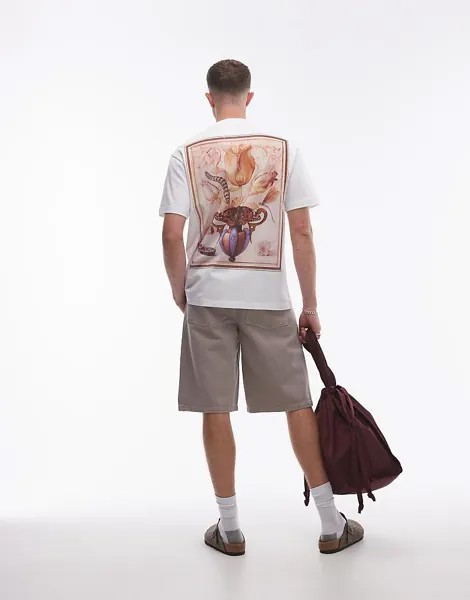 Topman x Ashmolean Premium – Белая y Футболка Oversize с нашивкой-тюльпаном и бабочкой