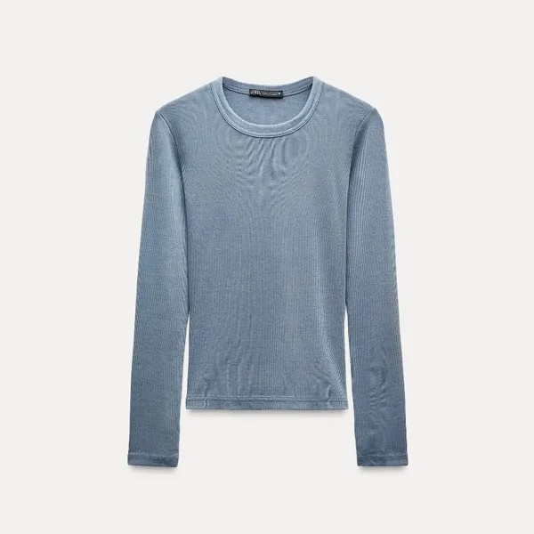 Лонгслив Zara Long Sleeve Ribbed Washed-effect, светло-синий