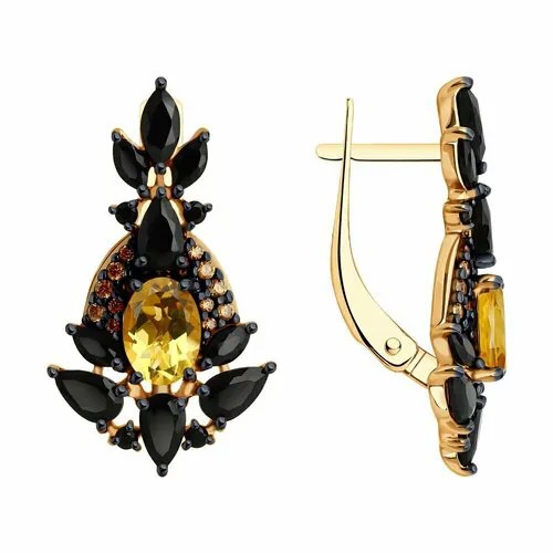 Серьги Яхонт, серебро, 925 проба, фианит, цитрин, шпинель, , желтый, черный, экрю