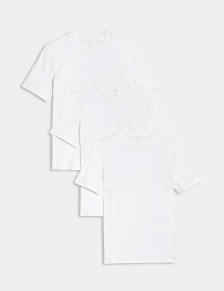 3 пары облегающих футболок из чистого хлопка с круглым вырезом Marks & Spencer, белый микс