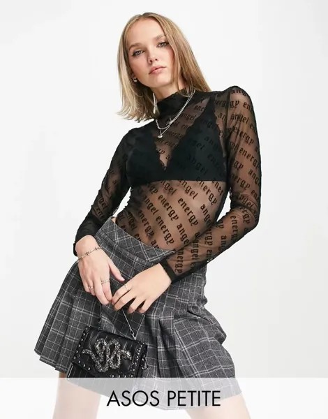 Черное боди с флокирующимся узором Angel Energy ASOS DESIGN Petite