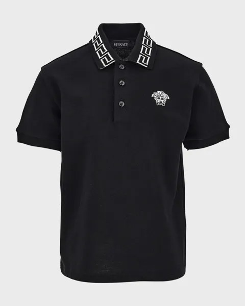 Рубашка-поло с отделкой Greca для мальчика Versace, цвет Black/White