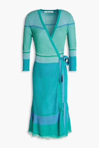 Платье фактурной вязки в полоску Lyric с запахом и бахромой Diane Von Furstenberg, бирюзовый