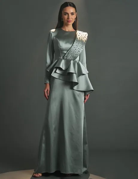 Вечернее платье с вышивкой и воланами, ледяной зеленый цвет Tiara