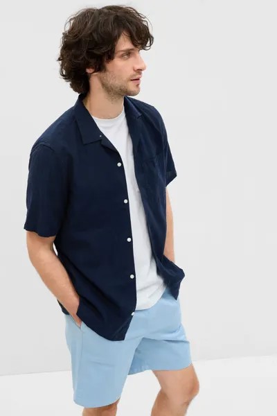 Рубашка с короткими рукавами из хлопка и льна Gap, синий