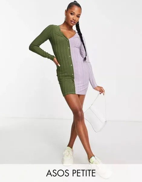 Платье мини-кардиган сиреневого и хаки в стиле колор-блок ASOS DESIGN Petite