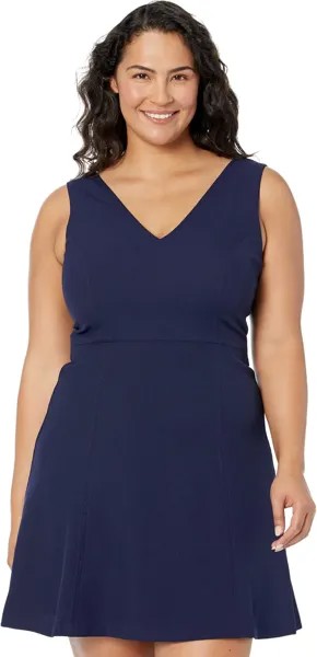 Платье Pixie Crepe V-Neck Fit-and-Flare with Self Belt At Back Waist Vince Camuto, темно-синий