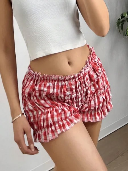 SHEIN EZwear: женские повседневные кружевные шорты с пузырьковой сеткой, весна/лето, красный цвет