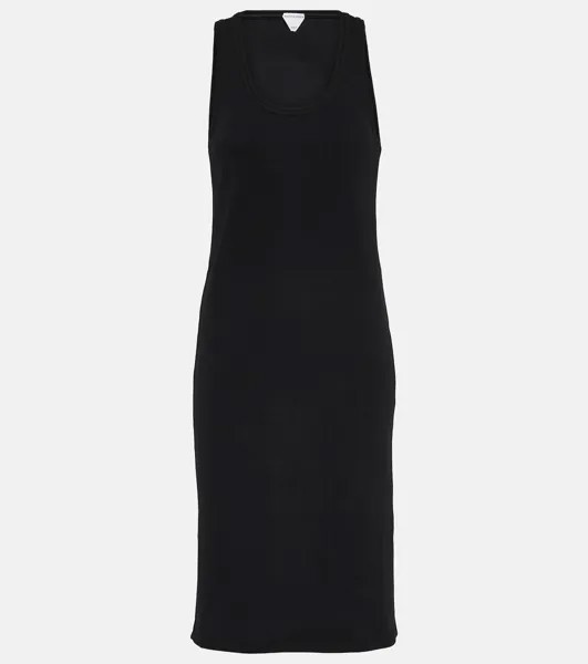 Платье миди из хлопкового джерси в рубчик Bottega Veneta, черный