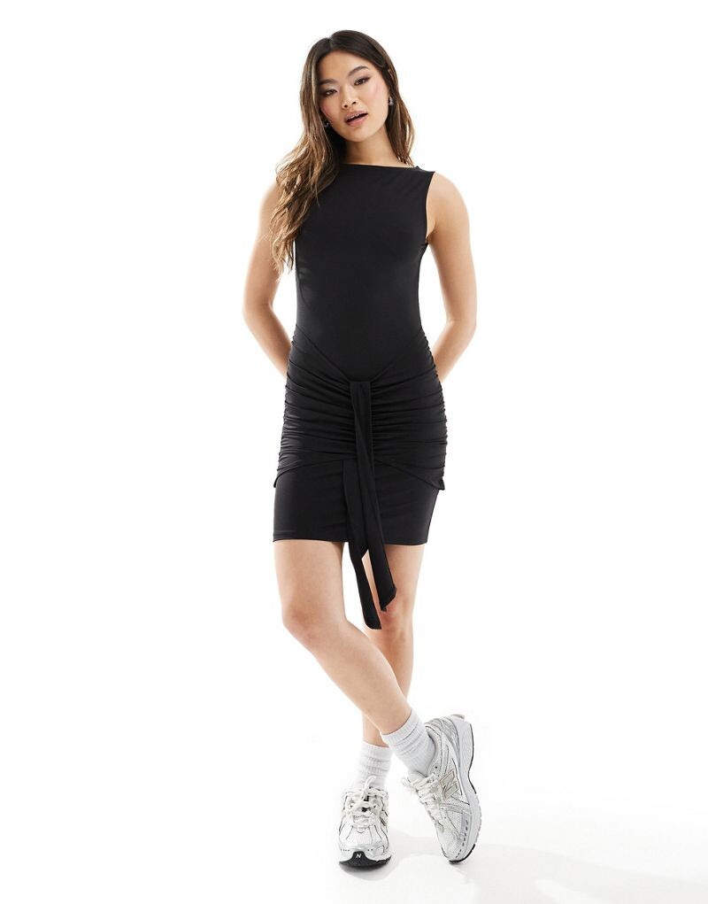 Черное платье мини с драпированным вырезом-лодочкой ASOS DESIGN