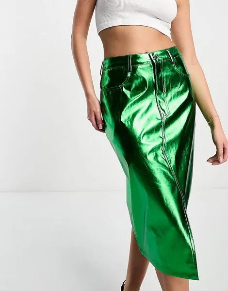 Юбка миди Amy Lynn Lupe зеленого скарабея с эффектом металлик, зеленый металлик