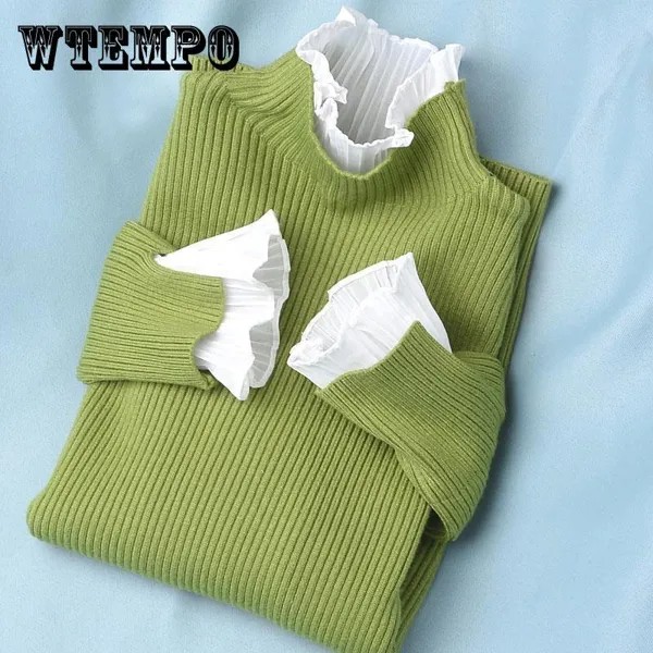 Ruffles Turtleneck дно свитер женщин Весна Осень Похудение Поддельные Двух частей Pullover свитер кружева Ruffles вязать свитер Top