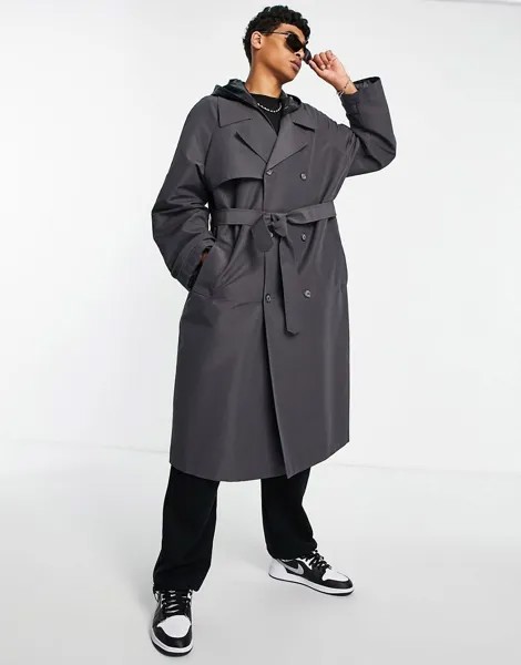 Темно-серый тренч в стиле oversized с черным капюшоном из искусственной кожи ASOS DESIGN