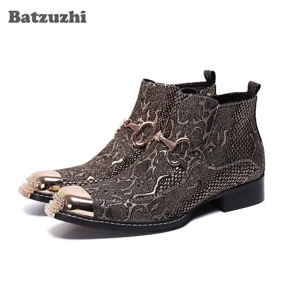 Batzuzhi/роскошные мужские ботинки ручной работы; Кожаные ботильоны с металлическим носком; Дизайнерские вечерние ботинки на молнии для мужчин...