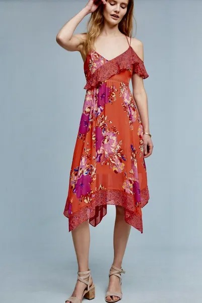 Платье Anthropologie Grecia с рюшами, цветочным принтом, красным, фиолетовым, носовым платком, подол, 6 NWT