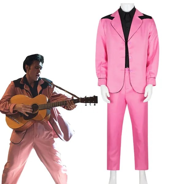 Костюм для косплея из фильма Elvis 2022, пиджак, штаны, рубашка для взрослых, полный комплект для мужчин, розовый костюм Elvis Presley