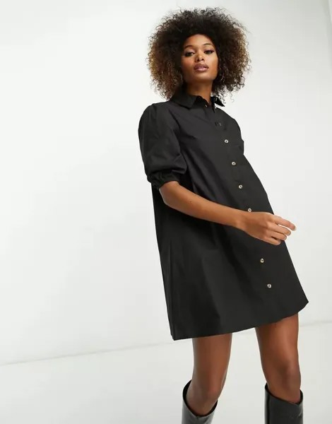 Черное платье-рубашка мини со сборками и объемными рукавами River Island