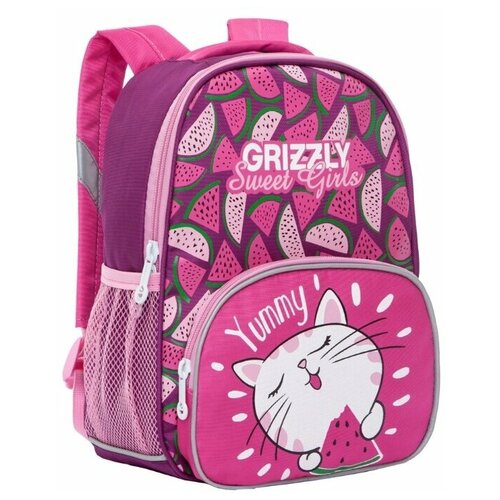 Рюкзак детский Grizzly, для девочек 5-6 лет, принт Кошка, розовый-фиолетовый