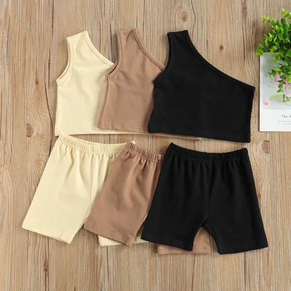 Дети Девочки Мода 2-Piece Наряд Комплект Одно плечо Сплошной цвет Топы + Шорты Комплект