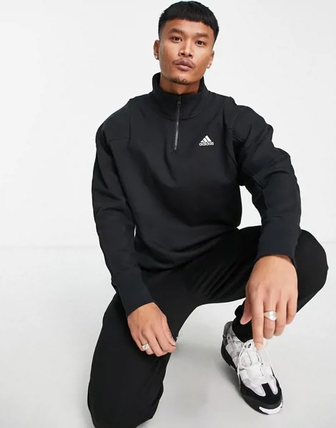 Черный свитшот для дома на короткой молнии с вышитым логотипом adidas