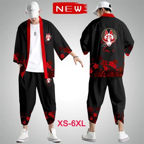 2021 Новейшая мода Мужское японское кимоно с коротким рукавом Рубашка Fox Mask Ретро Свободный костюм XS-6XL