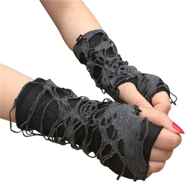 Женщины Хэллоуин Punk Hole Длинные перчатки готические черные перчатки Без пальцев Рука Теплее Нищий Косплей