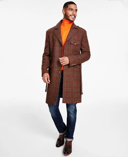 Мужские пальто классического кроя в клетку с поясом из смесовой шерсти Tayion Collection, коричневый