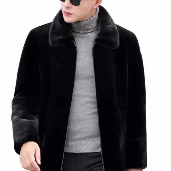 Новая зимняя искусственная норковая шуба мужская куртка Толстая отложной воротник/куртка с капюшоном из искусственного меха мужское черно...