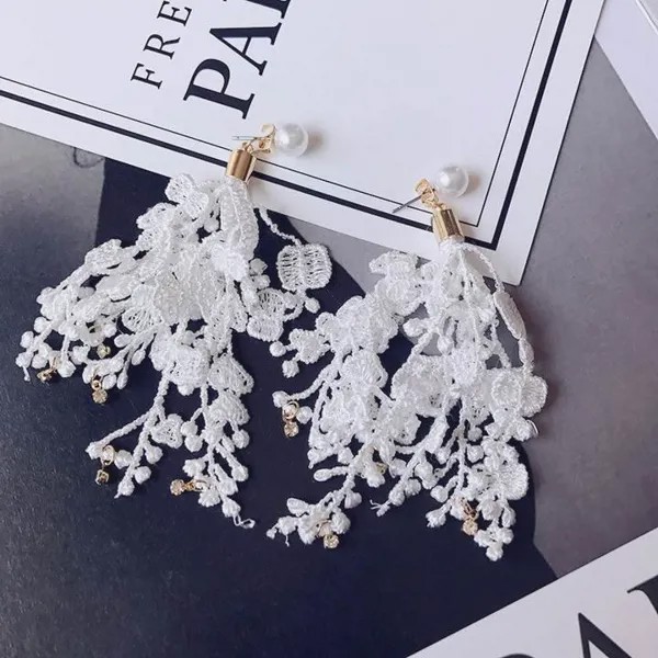 Кружева жемчужные серьги Хрустальная цепочка для ушей Sterling Ювелирные изделия Леди Болтание Амулеты